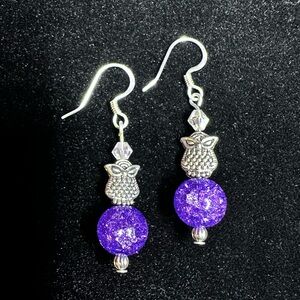Silver and Purple Owl Earrings